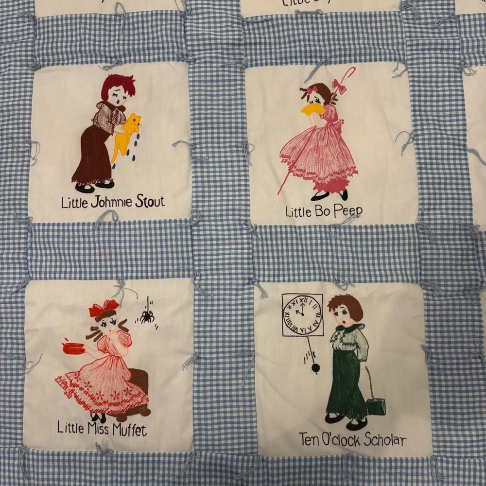 Vintage Nursery Rhyme Crib Quilt Hand Painted Gingham Blue White 12 Panel